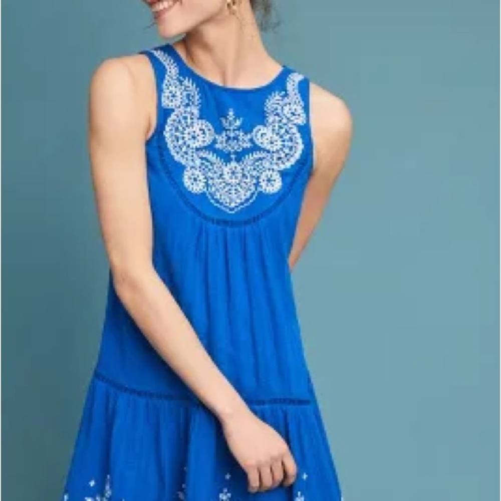 Meadow Rue Blue Sleeveless Dress with White Embroidery